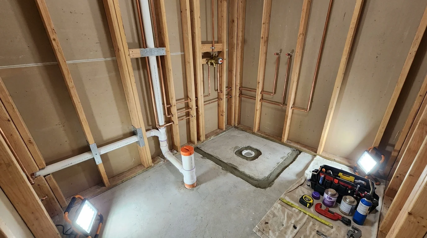 Bathroom rough-in plumbing during remodel by Johns Plumbing LLC in Johnsonburg