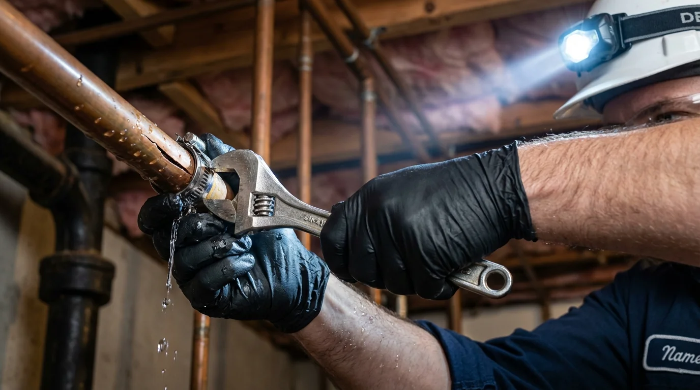 Emergency pipe clamp repair being performed by a Johns Plumbing LLC plumber in Johnsonburg