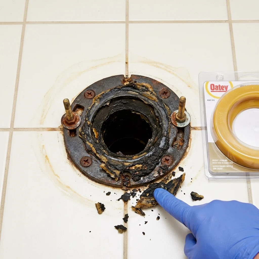 Failed wax ring showing water seepage at the base of a toilet in a Johnsonburg, PA home