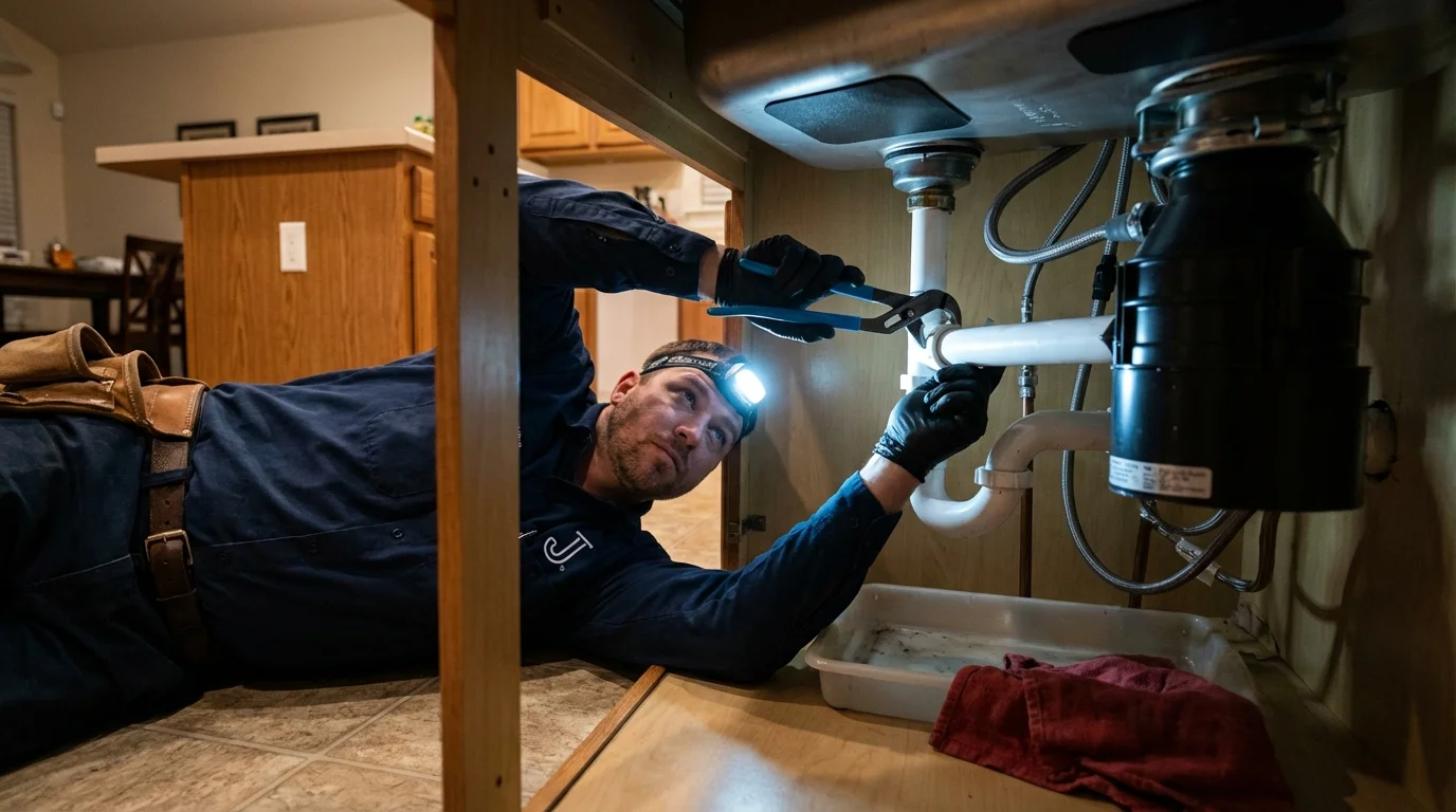 P-trap and supply line connections under a kitchen sink showing a common leak point in Johnsonburg, PA